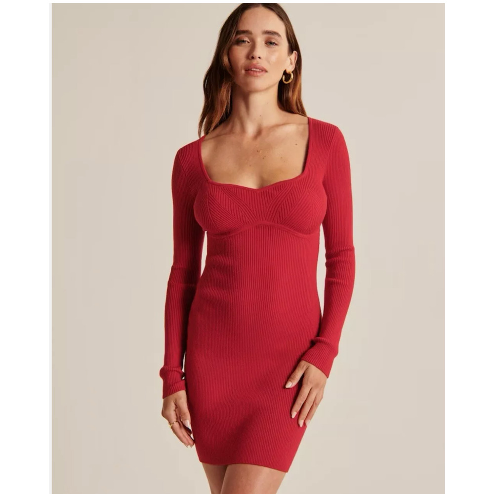 NEW Abercrombie & Fitch Long Sleeve Corset Knit Mini Sweater Dress Red L‎ Tall